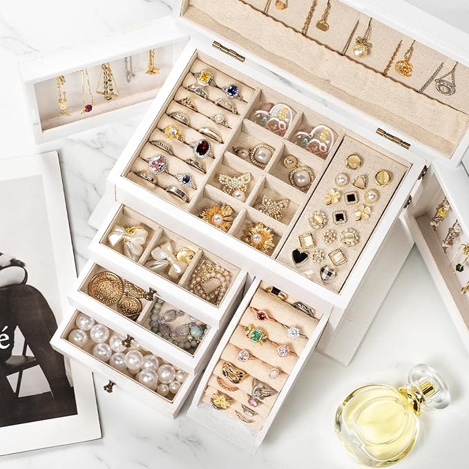 Poyilooo Jewelry Box Organizer, Solid Wood Jewelry Boxes for Women for Storage & Display Necklace Ring Earring Bracelet, Rust