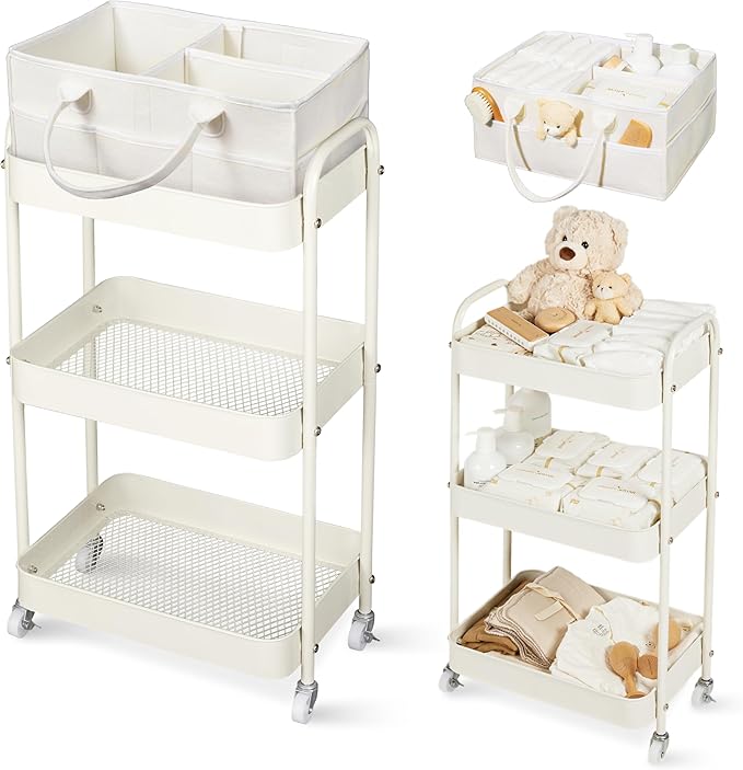 Fortella Baby Diaper Caddy, 3 Tier Rolling Storage Cart for Baby Essentials, Diaper Cart with Detachable Dividers, Storage Or
