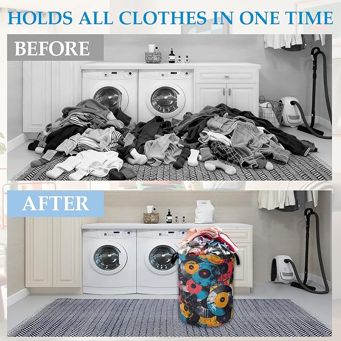 Music Graffiti Laundry Hamper Disc Collapsible Laundry Basket Clothes Toy Storage Bin for Bathroom Bedroom Room Decor 16 X 20