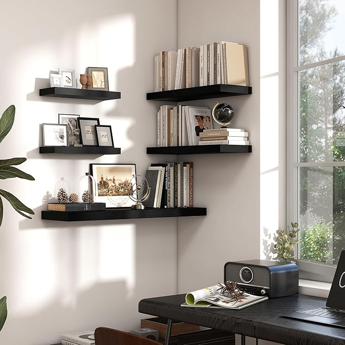 Heimlove 16 inch Black Floating Shelves for Wall,6.7 inch Deep Small Bathroom Over Toilet Shelf,Wall Mounted Wood Shelves for