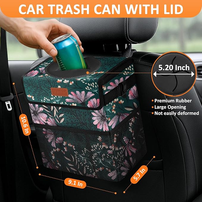 Car Trash Can for Car Cute, Bag Bin Hanging Waterproof Automotive Garbage Cans Leak Proof Vehicle Trash Can Navy Floral