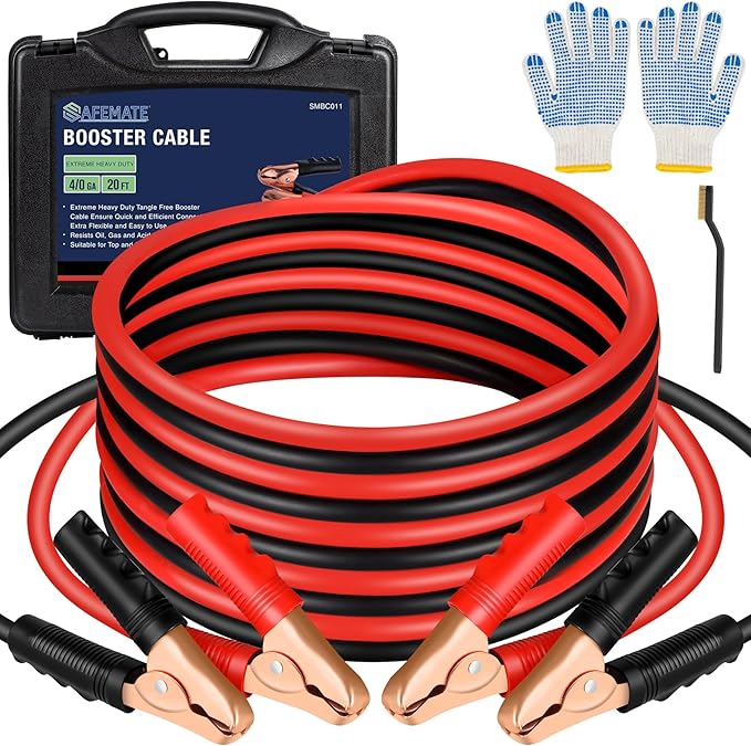 SAFEMATE 4/0 Guage 20 Ft 3000A Heavy Duty Booster Cables, Transfers Higher Voltage Than 2/0, 0, 2~12 Gauge Jumper Cables, For Heavy Duty Automotive to Jump Starting Dead or Weak Batteries