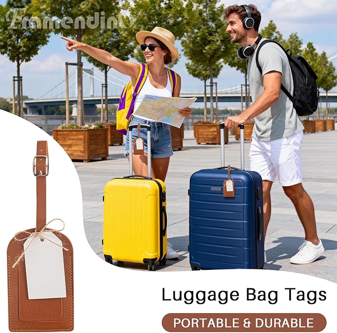Framendino, 48 Sets Wedding Favors Luggage Tag PU Leather Travel Tags with Name ID Card for Bridal Shower Brown