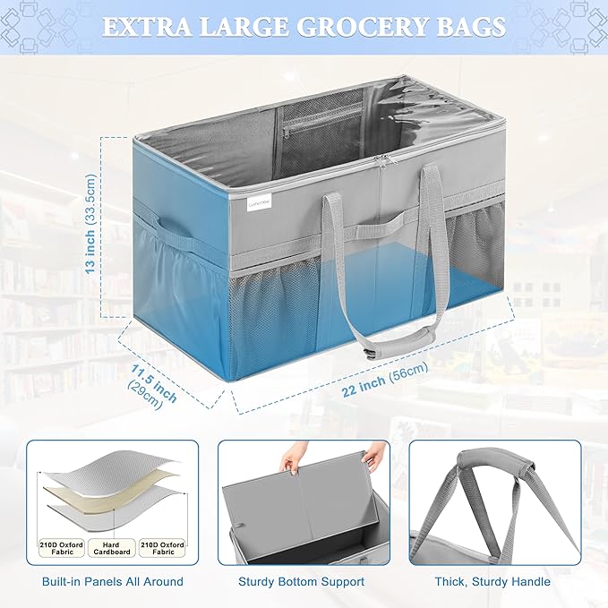 Extra Large Utility Tote Bag, 2 Pack Reusable Grocery Bags Heavy Duty, Sturdy Structured Tote Bag with Pockets & Handles, Foldable Shopping Bags for Groceries, Collapsible Totes with Lids 22x11.5x13in