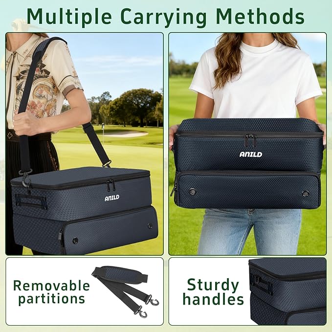 ANILD Golf Trunk Organizer, 2 Layer Golf Storage Case with Separate Ventilated Compartment for 2 Pair Shoes, for Balls, Tees,
