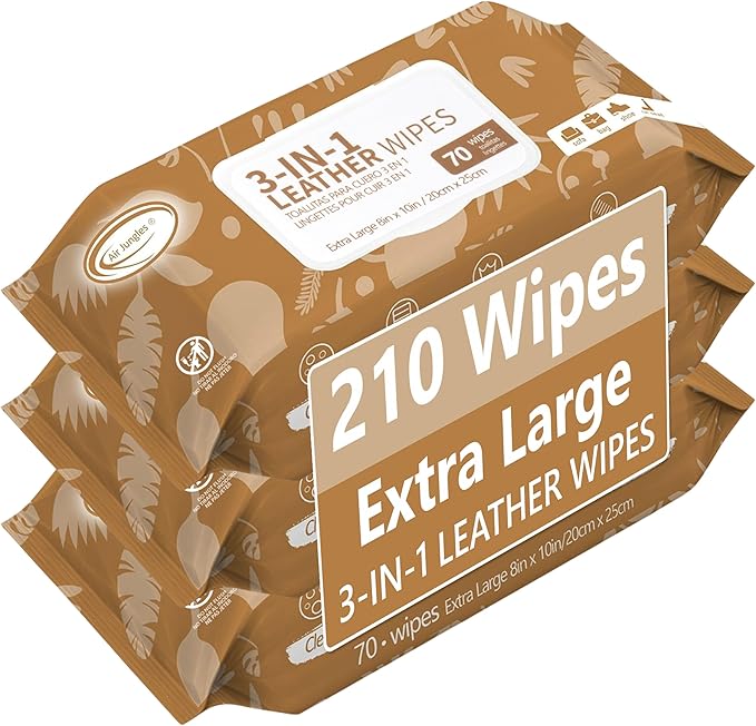 Air Jungles 3in1 Leather Cleaner Wipes 70 Count (Pack of 3), Extra Large 8" x 10" Size, Clean Condition Protect Wipes for Vin