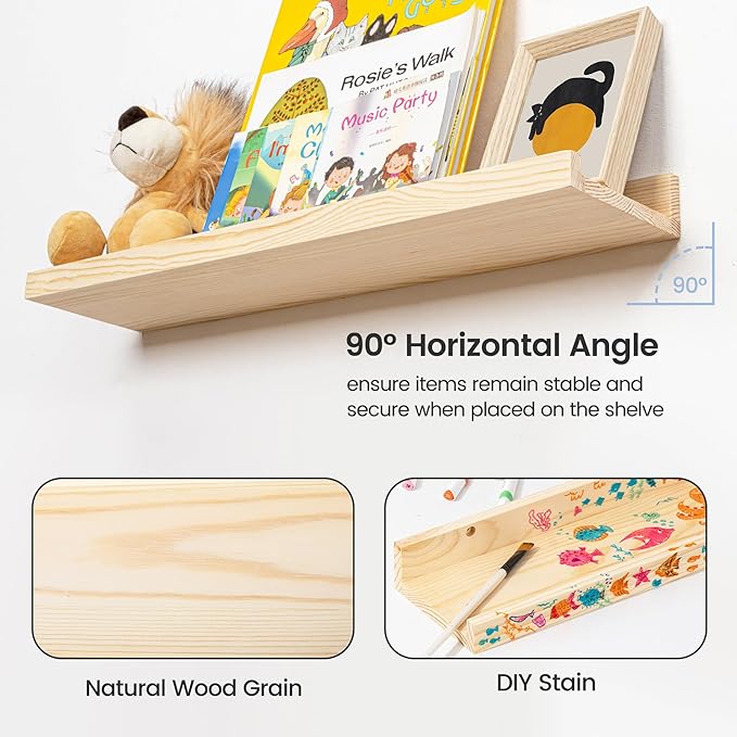 Picture Ledge Shelf for Wall, 16 inches Solid Pine Wood Nursery Book Shelves 3 Packs, Floating Ledge Shelves for Kids' Room B