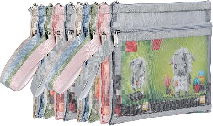 10 Pack Colored Mesh Zipper Pouch Bags, Double-Layer Nylon Building Block Sets Toy Storage & Organization, Breathable See Thr