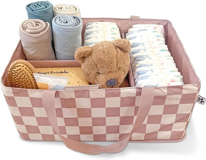 Tiny Twinkle Diaper Caddy Organizer | Foldable Baby Storage Basket with Removable Divider | Waterproof & Mess-Proof Fabric, P