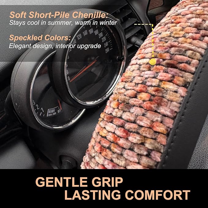 PINCTROT Chenille Leather Steering Wheel Cover, Soft Mottled Colors, Sweat-Proof, Non-Slip Grip, All-Season Comfort, Universa
