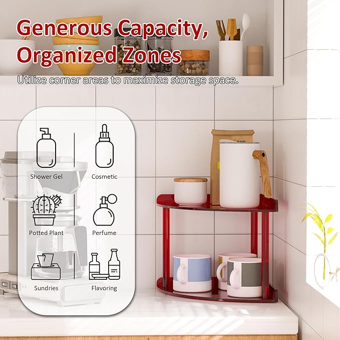 Sezanrpt 2 Tier Acrylic Corner Shelf Organizer Storage 9.5x9.5x8 Inch, Red Countertop Corner Shelf for Bathroom, Kitchen, Bed