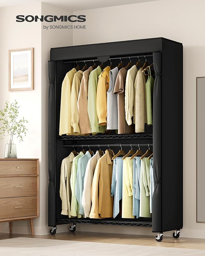 SONGMICS Heavy-Duty Rolling Clothes Rack, Garment Rack, Portable Closet, 43.3-Inch Wide Clothing Rack on Wheels, with Adjusta