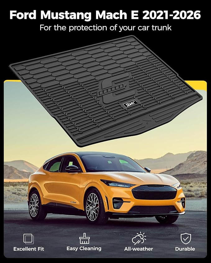 3W Ford Mustang Mach E Cargo Liner Fit for 2021-2025 2026, All Weather TPE Car Mats Custom TPE Fit Trunk Mat, Black (Trunk Base Upper Only)