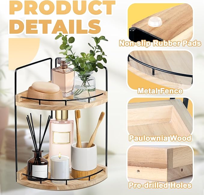 2 Tier Bathroom Counter Organizer, Bathroom Counter Tray and Vanity Organizer, Wood Corner Countertop Tray for Kitchen, Dress