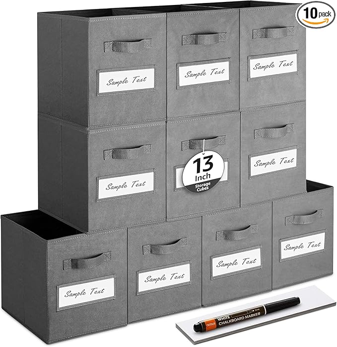 artsdi 13x13x13 storage cube bins (Set of 10) Fabric storage cubes with 10 Labels Window Cards & a Pen, storage cubes 13x13, 