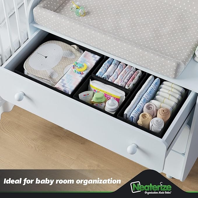 Drawer Organizer Clothes Set of 12 Black - Dresser Organizer For Nursery, Bedroom, Closet - Perfect Baby Clothes Organizer an