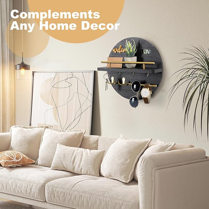 Key Holder for Wall, Key and Mail Holder Organizer with - Key Holder Wall Mount - Round Wooden Rustic Home Decor for Entryway