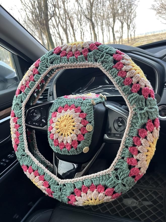 Crochet Sunflower Car Steering Wheel Covers Universal 14-15 inch for Women/Men (B:Wheel Cover+2 Belt Cover)