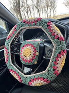 Crochet Sunflower Car Steering Wheel Covers Universal 14-15 inch for Women/Men (B:Wheel Cover+2 Belt Cover)