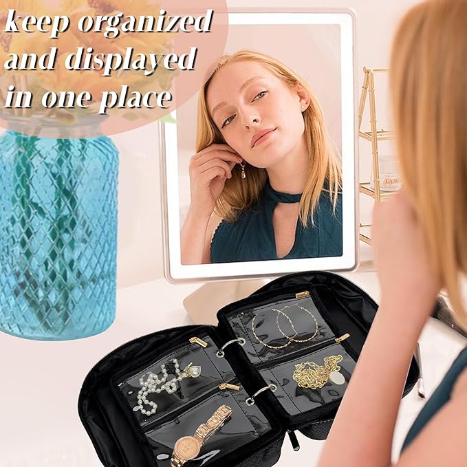 Travel Jewelry Organizer Case,Jewelry Bags for Traveling, Jewelry Binder with 24 Pcs Clear Zipper Velvet Pouches for Storing 