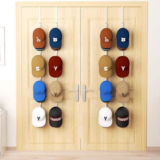 HapiRm Over Door Hat Rack - 4 Packs Metal Hanging Hat Organizer with 16 Hooks Design, Baseball Cap Hanger Organizer Storage H