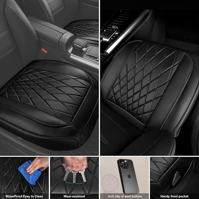 CAR PASS 2 Pack Leather Front Car Seat Covers, Bottom Seat Covers Full Wrapped with Storage Pocket, Anti-Slip Leather Seat Pr