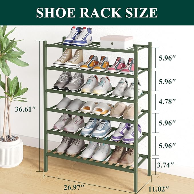 Smiry Bamboo Shoe Rack for Closet, 6 Tier Wooden Stackable Shoe Organizer, Free Standing Shoes Storage Shelf for Entryway, Fr
