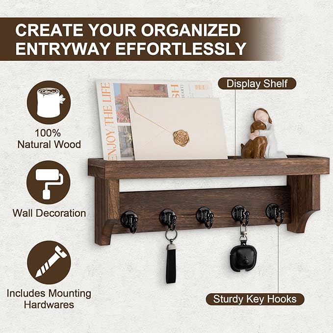 Key and Mail Holder Wall Mount, Key Holder with Shelf and Mail Organizer Wall Mount. Mail Holder with 5 Hooks for Coat, Dog L