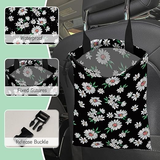 White Daisy Car Garbage Bag,Waterproof Small Car Trash Bag Hanging Back of Seat,Drawstring Hanging Car Trash Bag with Adjustable Buckle for Car Accessories