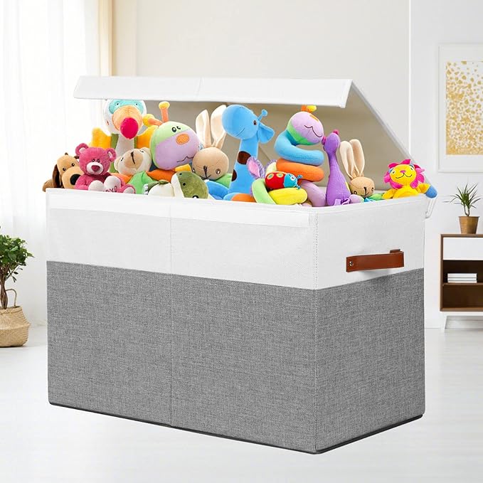 Gowee Large Toy Storage Box with Lid, Sturdy Toys Storage Chest Bin Organizer Basket with Dividers for Kids, Boys, Girls, Nur