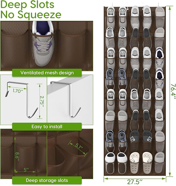 Unjumbly Over the Door Shoe Organizer with 40 Large Breathable Mesh Pockets, Space Saving Shoe Holder, Hanging Shoe Rack for 