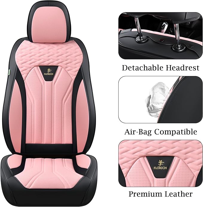FLORICH Leather Seat Covers, Car Seat Covers Full Set, Car Seat Protectors 5 Seats, Pink Driver Seat Covers Fit for Most Cars