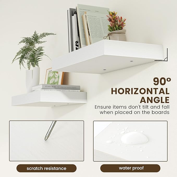 Deep Floating Shelves | 24 Inch White Floating Shelves Set of 2 | 12 Inch Deep Rustic Wood Shelves for Wall | 24" W x 12" D W