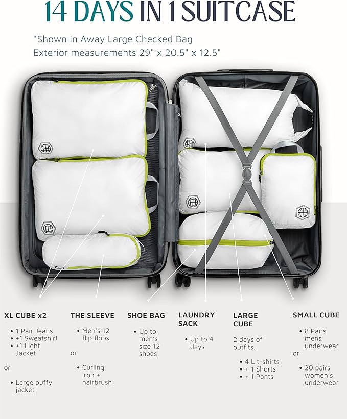 TRIPPED XL Compression Packing Cubes — 7-Piece Set for Checked Luggage | Extra-Large (15.7"×11"×4") + Large + Small + Tube + 