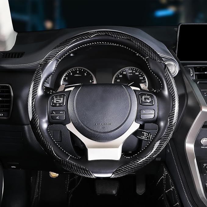 Car Steering Wheel Cover, 3 Piece Bright Carbon Fiber Steering Wheel Covers, Non-Slip Steering Wheel Cover Protector, Great Grip, Universal Car Accessories Decoration for 14.5-15 inch (Black)