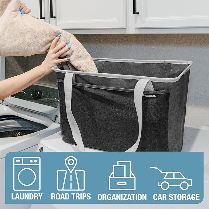 CleverMade Collapsible Tote Basket MAX (64L) – Extra Large Foldable Carry-All Storage Bin with Front Pocket, 60 lb Capacity L
