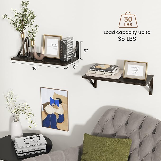 Axeman Floating Shelves for Wall, 16W x 8D Black Floating Shelves Set of 2, 8 Inch Deep Wall Mounted Shelves for Bookshelf Li
