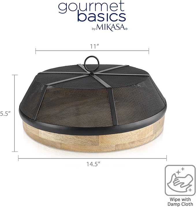 Gourmet Basics by Mikasa Mango Wood Lazy Susan with Iron Mesh Food Dome Cover, 14.5 Inch
