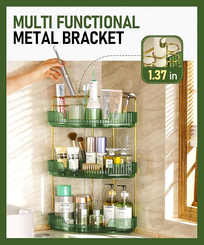 EUHOME 3-Tier Corner Bathroom Counter Organizer Makeup Cosmetic Storage, Tool-Free Installation Acrylic Vanity Shelf, Skin Ca