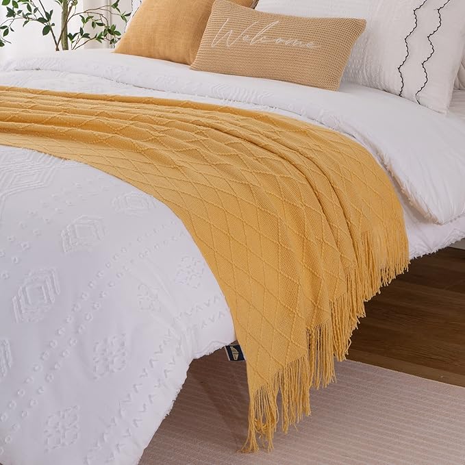 BATTILO HOME Yellow Throw Blanket with Fringe, Gold Bed Throws Spring Decorative Large Throw for Couch Sofa Indoor Outdoor (Y