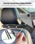 AboveTEK Tablet Holder for Car Headrest- Anti-Theft iPad Car Holder Back Seat, Secure Locking System with 360° Swivel, Universal for 4-11" Tablets, Durable Aluminum Mount for Travel & Business, Black