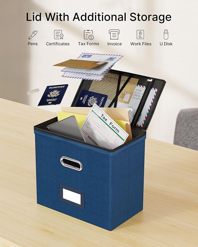 Oterri File Organizer Boxes with Lids, File Box with Mesh Pockets, Document Organizer Box for Letter Size Folders, Zippers Im