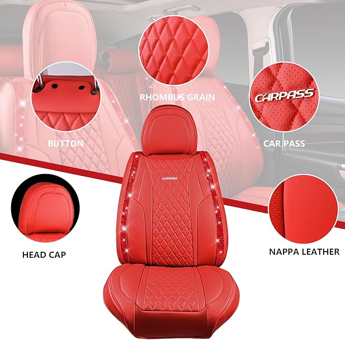 CAR PASS Nappa Leather Bling Diamond Car Seat Covers Full Set Universal Cushioned, Waterproof Heavy-Duty Anti-Slip Luxury Lea
