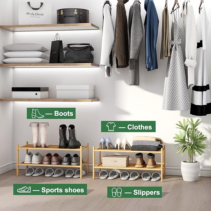 kiplant Bamboo Shoe Rack, 2-Tier Shoe Rack for Entryway, Free Standing Shoe Racks for Indoor & Outdoor, Stackable Shoe Organi