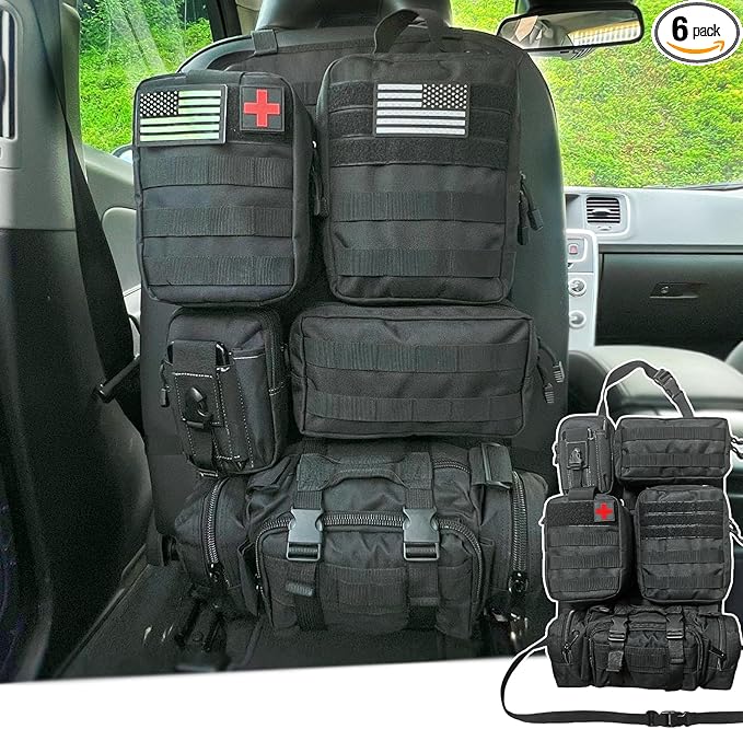 7 PACK Tactical Car Seat Back Organizer With 5 Detachable Pouches Upgrade Tactical Molle Vehicle Panel Organizer Universal fits for Most of Car Truck Ford Jeep Vehicle