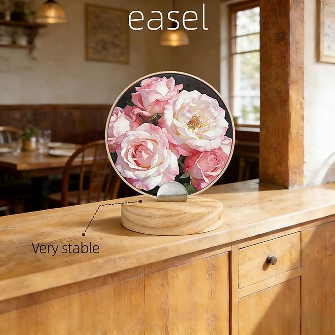 4 Pcs Premium Wood Adjustable Stained Glass Display Stands Tabletop Easels, Book Display Holder for Tile, Album, CD, Magazine, Postcard, Picture, Plate, Artworks, Phone, Tablet, Photos, Decor, Card (4, yellow-round)