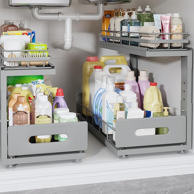 Under Sink Organizer Upgrade To Professional Rails,2-Tier Dual Pull Out Cabinet Storage,Height Adjustable Slide Out Drawers F