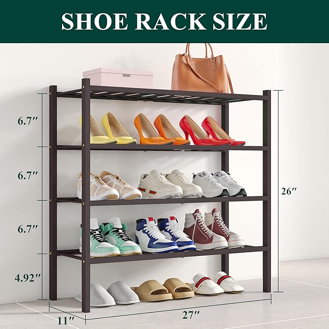 Smiry Shoe Rack, 4 Tier Bamboo Shoe Organizer, Stackable Free Standing Wooden Shoe Storage Shelf for Closet, Entryway, Front 