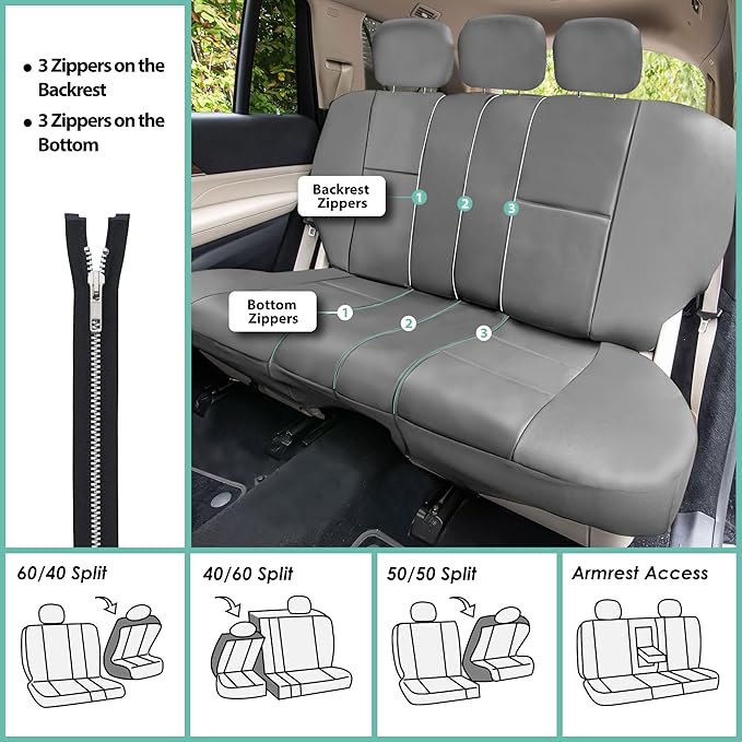 FH Group Car Seat Covers PU Leather 3 Row Car Seat Covers 7 Seater, Airbag Compatible and Split Bench - Fit Most Car, Truck, 