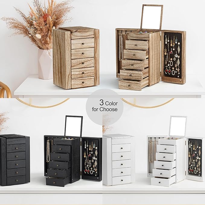 Meangood Jewelry Box Wood for Women, 6-Layer Large Organizer Box with Mirror & 5 Drawers for Rings, Earrings, Necklaces, Vint